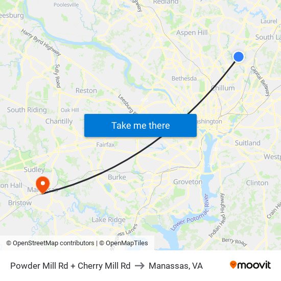 Powder Mill Rd + Cherry Mill Rd to Manassas, VA map