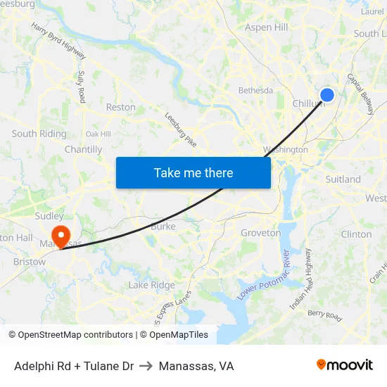 Adelphi Rd + Tulane Dr to Manassas, VA map