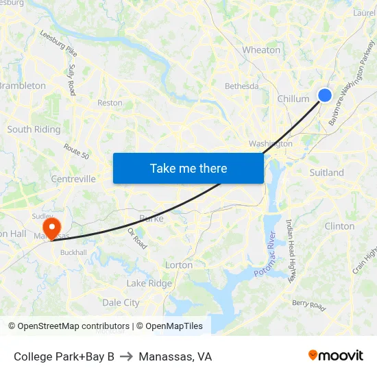 College Park+Bay B to Manassas, VA map