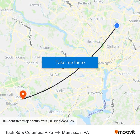 Tech Rd & Columbia Pike to Manassas, VA map