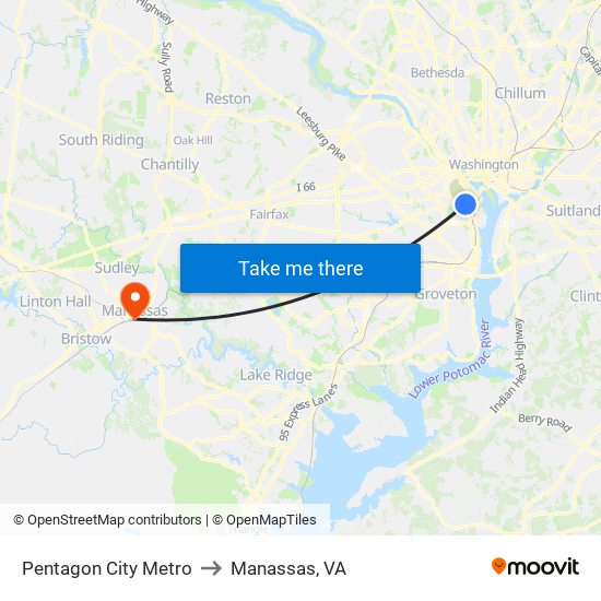 Pentagon City Metro to Manassas, VA map