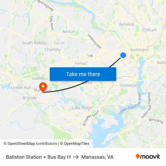 Ballston Station + Bus Bay H to Manassas, VA map