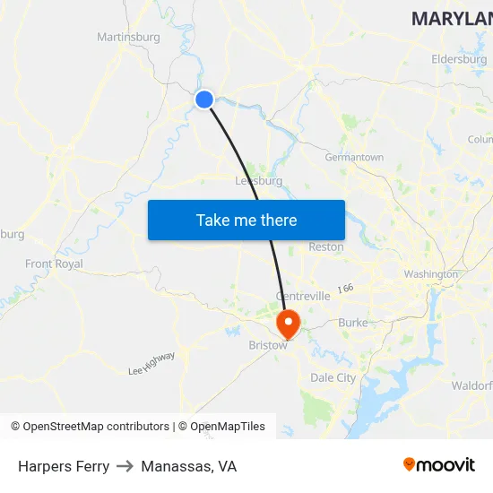 Harpers Ferry to Manassas, VA map
