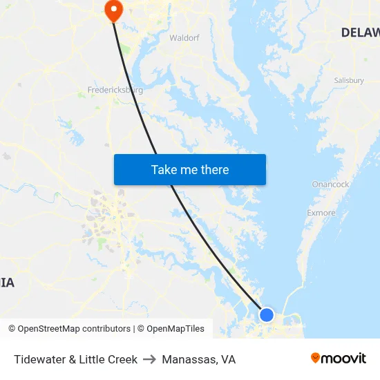 Tidewater & Little Creek to Manassas, VA map