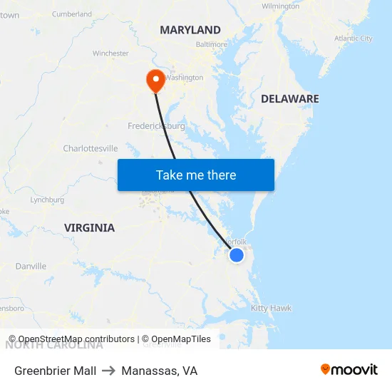 Greenbrier Mall to Manassas, VA map