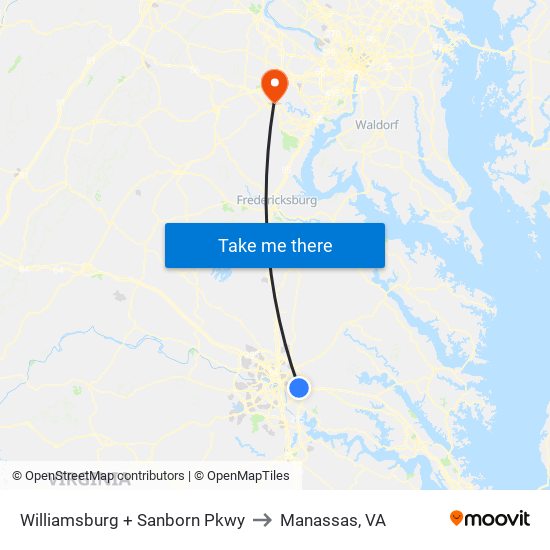 Williamsburg + Sanborn Pkwy to Manassas, VA map