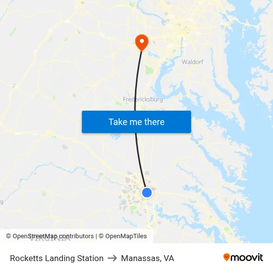 Rocketts Landing Station to Manassas, VA map