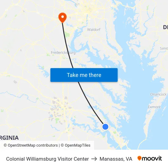 Colonial Williamsburg Visitor Center to Manassas, VA map
