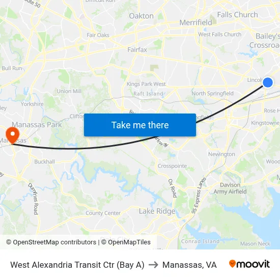 West Alexandria Transit Ctr (Bay A) to Manassas, VA map