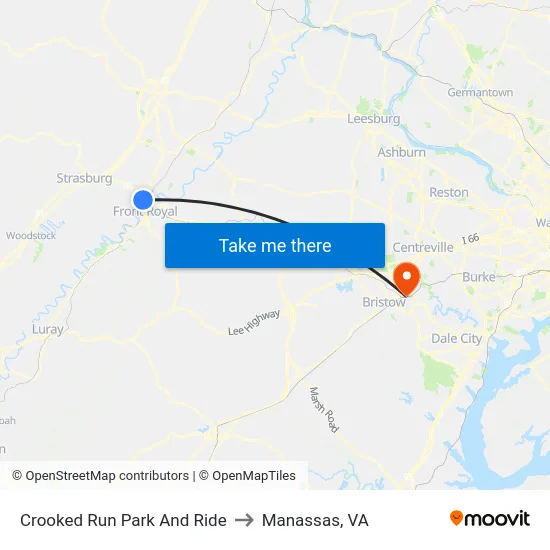 Crooked Run Park And Ride to Manassas, VA map