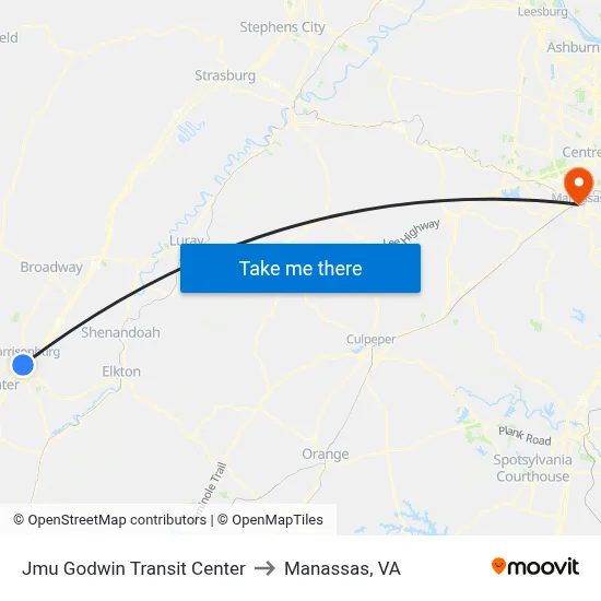 Jmu Godwin Transit Center to Manassas, VA map