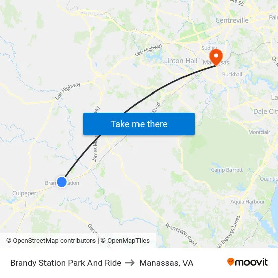 Brandy Station Park And Ride to Manassas, VA map