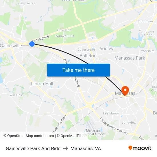 Gainesville Park And Ride to Manassas, VA map