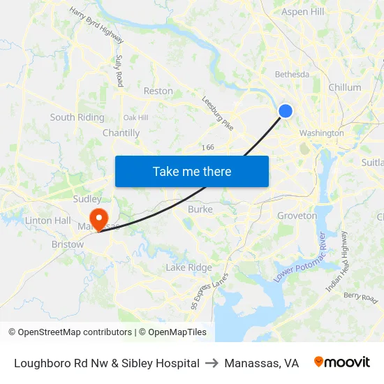 Loughboro Rd Nw & Sibley Hospital to Manassas, VA map