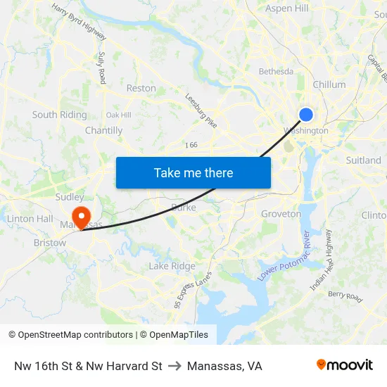 Nw 16th St & Nw Harvard St to Manassas, VA map