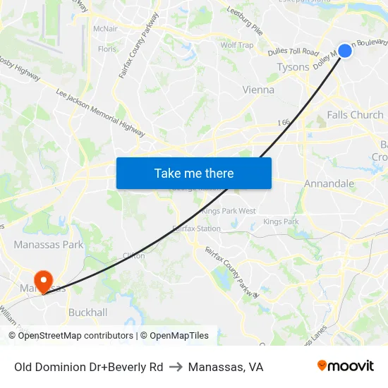Old Dominion Dr+Beverly Rd to Manassas, VA map