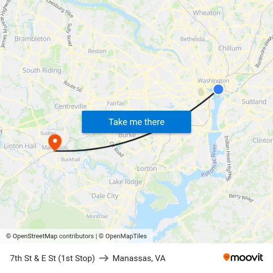 7th St & E St (1st Stop) to Manassas, VA map