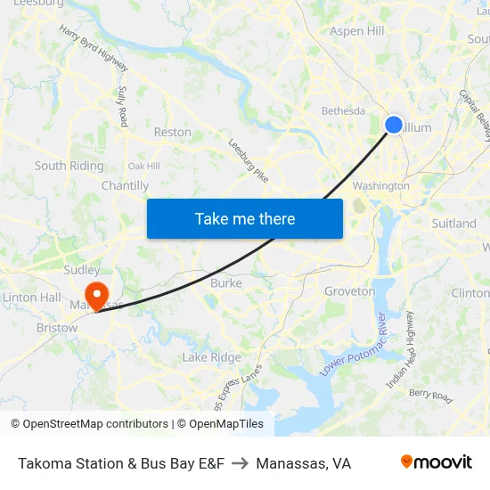 Takoma Station & Bus Bay E&F to Manassas, VA map