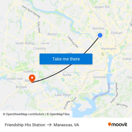 Friendship Hts Station to Manassas, VA map