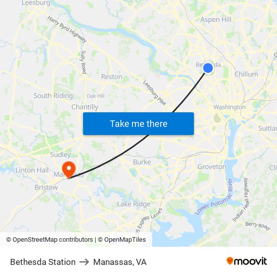 Bethesda Station to Manassas, VA map