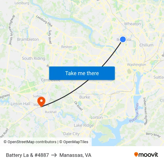 Battery La & #4887 to Manassas, VA map