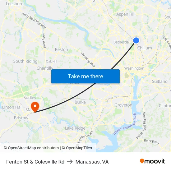 Fenton St & Colesville Rd to Manassas, VA map