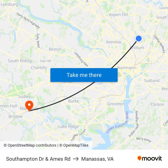 Southampton Dr & Ames Rd to Manassas, VA map