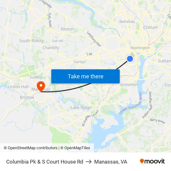 Columbia Pk & S Court House Rd to Manassas, VA map