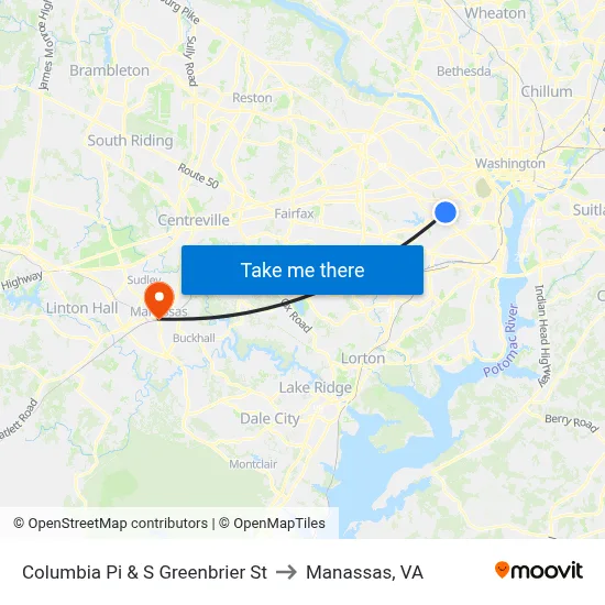Columbia Pi & S Greenbrier St to Manassas, VA map
