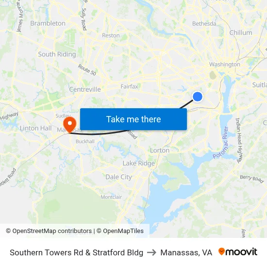 Southern Towers Rd & Stratford Bldg to Manassas, VA map
