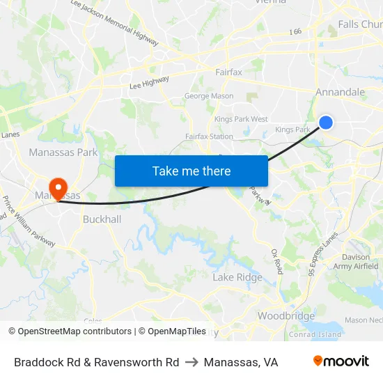 Braddock Rd & Ravensworth Rd to Manassas, VA map