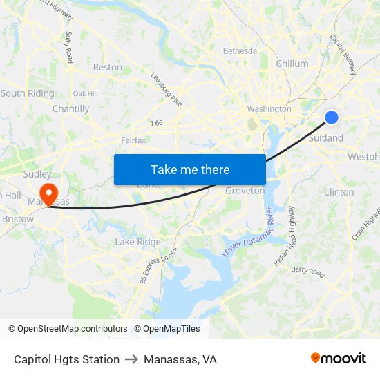 Capitol Hgts Station to Manassas, VA map