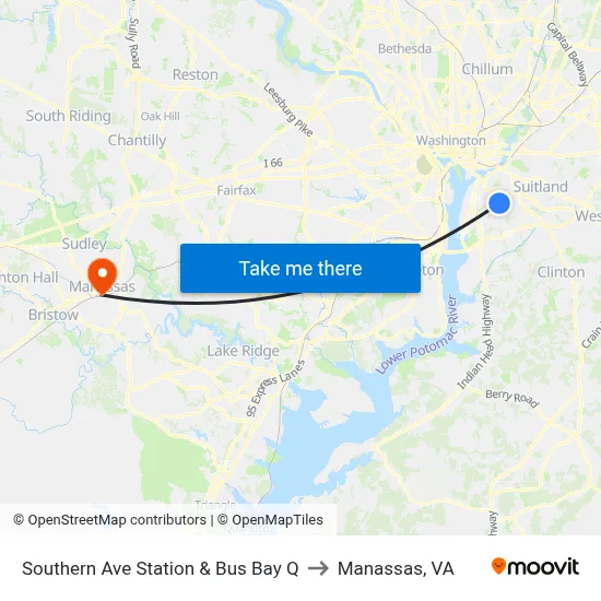 Southern Ave Station & Bus Bay Q to Manassas, VA map