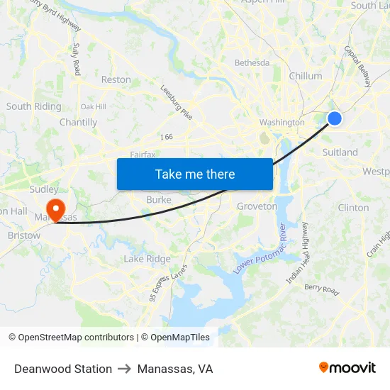 Deanwood Station to Manassas, VA map