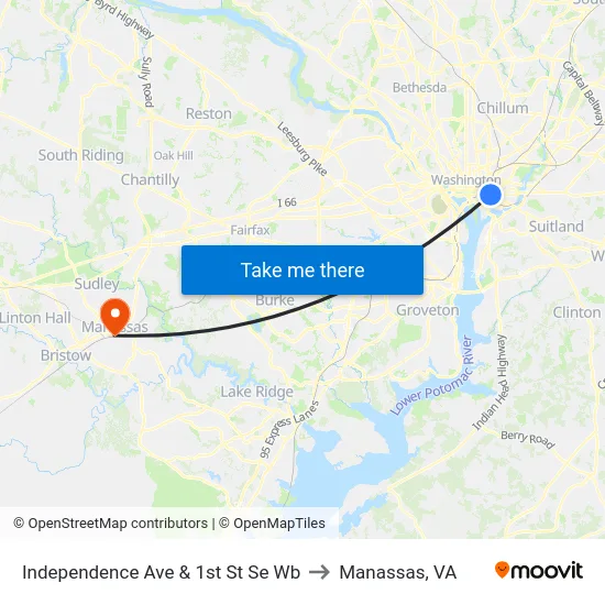Independence Ave & 1st St Se Wb to Manassas, VA map