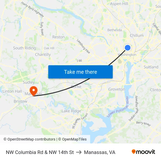 NW Columbia Rd & NW 14th St to Manassas, VA map