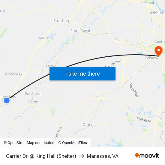 Carrier Dr. @ King Hall (Shelter) to Manassas, VA map