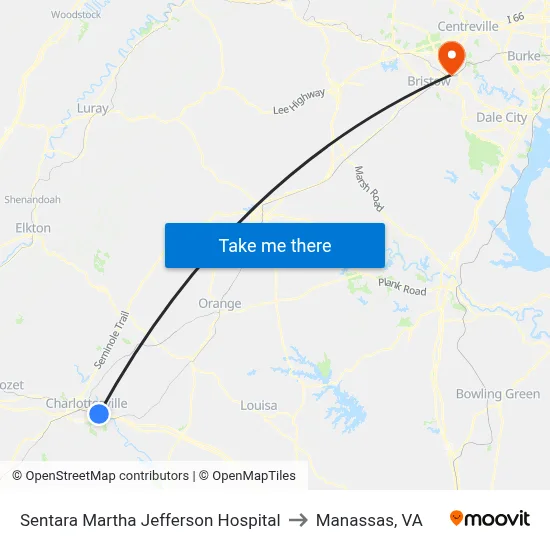 Sentara Martha Jefferson Hospital to Manassas, VA map