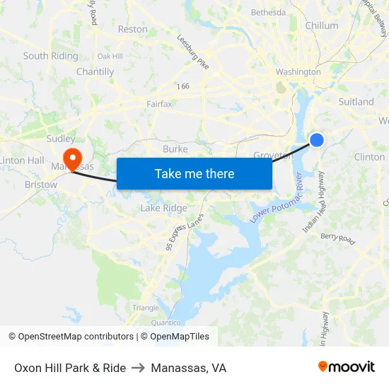 Oxon Hill Park & Ride to Manassas, VA map