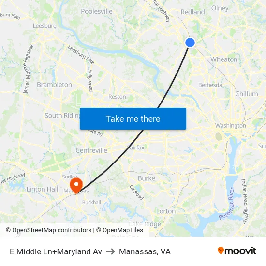 E Middle Ln+Maryland Av to Manassas, VA map
