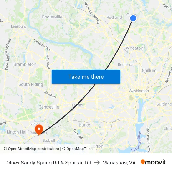 Olney Sandy Spring Rd & Spartan Rd to Manassas, VA map