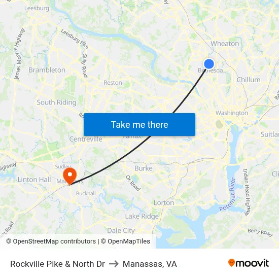 Rockville Pike & North Dr to Manassas, VA map