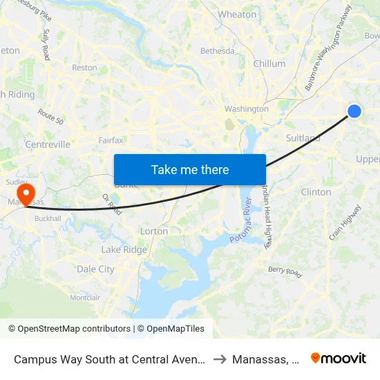 Campus Way South at Central Avenue to Manassas, VA map