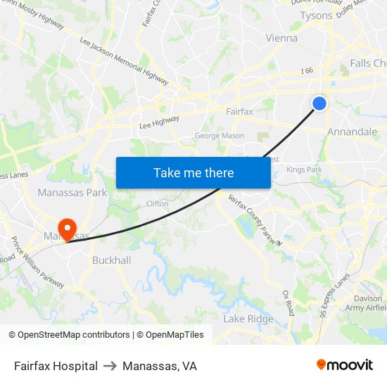 Inova Fairfax Hospital to Manassas, VA map