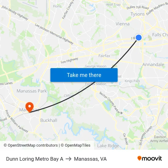 Dunn Loring Metro Bay A to Manassas, VA map