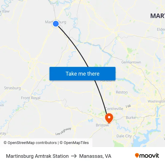 Martinsburg Amtrak Station to Manassas, VA map