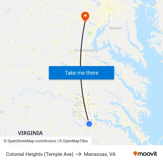 Colonial Heights (Temple Ave) to Manassas, VA map