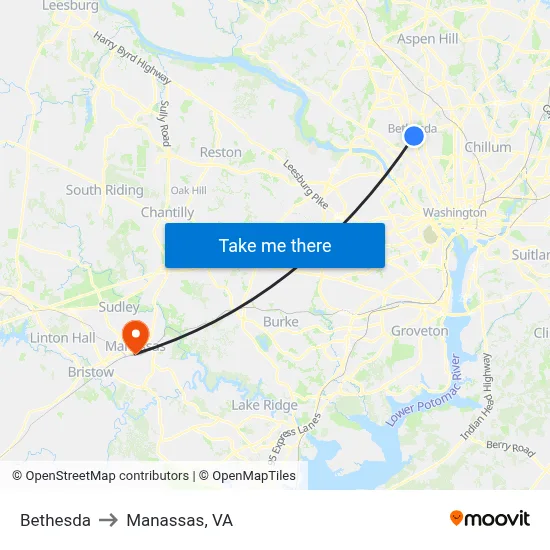 Bethesda to Manassas, VA map