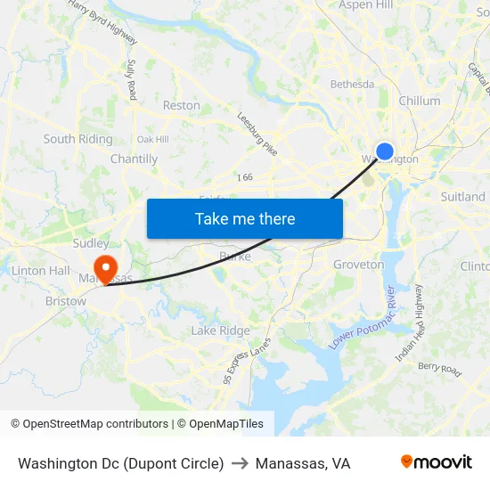 Washington Dc (Dupont Circle) to Manassas, VA map