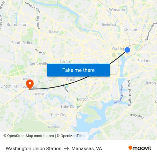 Washington Union Station to Manassas, VA map